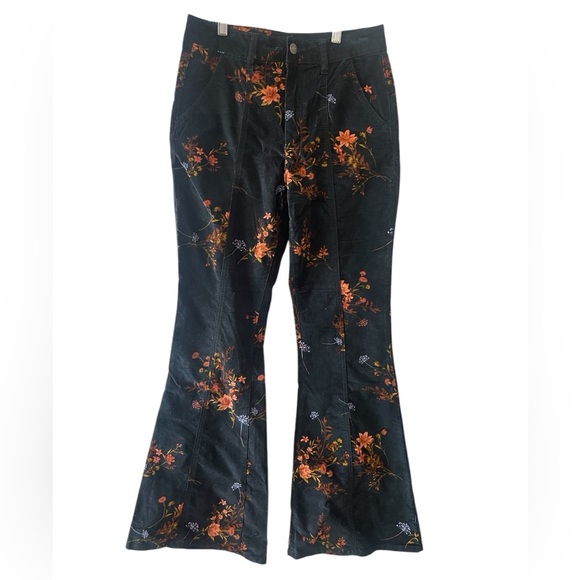 Forever21 Velvet Flare Pants M Floral Print Black Orange Blue 90s Grunge Stretch - Picture 4 of 6